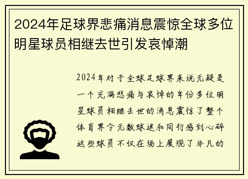 2024年足球界悲痛消息震惊全球多位明星球员相继去世引发哀悼潮