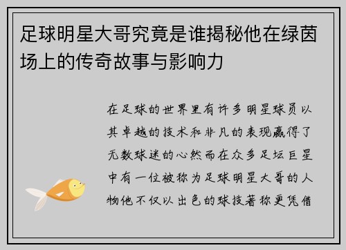 足球明星大哥究竟是谁揭秘他在绿茵场上的传奇故事与影响力