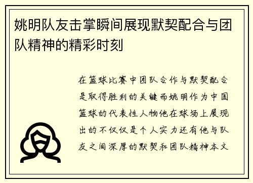 姚明队友击掌瞬间展现默契配合与团队精神的精彩时刻